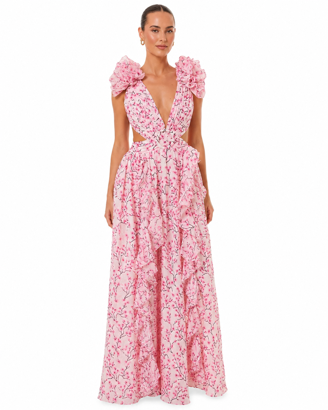 Women's Long Floral Dress – Flattering Fit with Cutout Detail