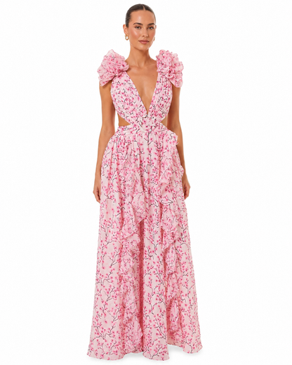 Women's Long Floral Dress – Flattering Fit with Cutout Detail