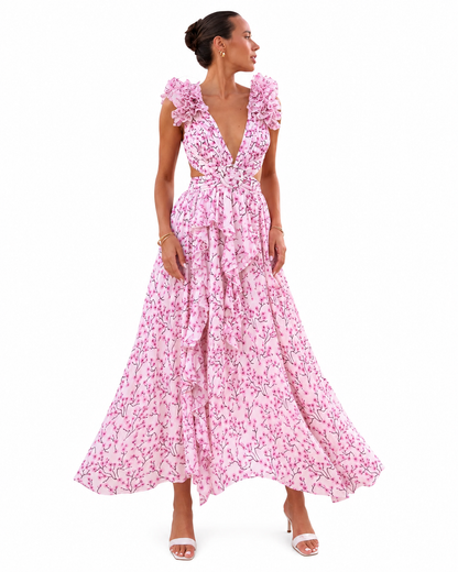 Women's Long Floral Dress – Flattering Fit with Cutout Detail