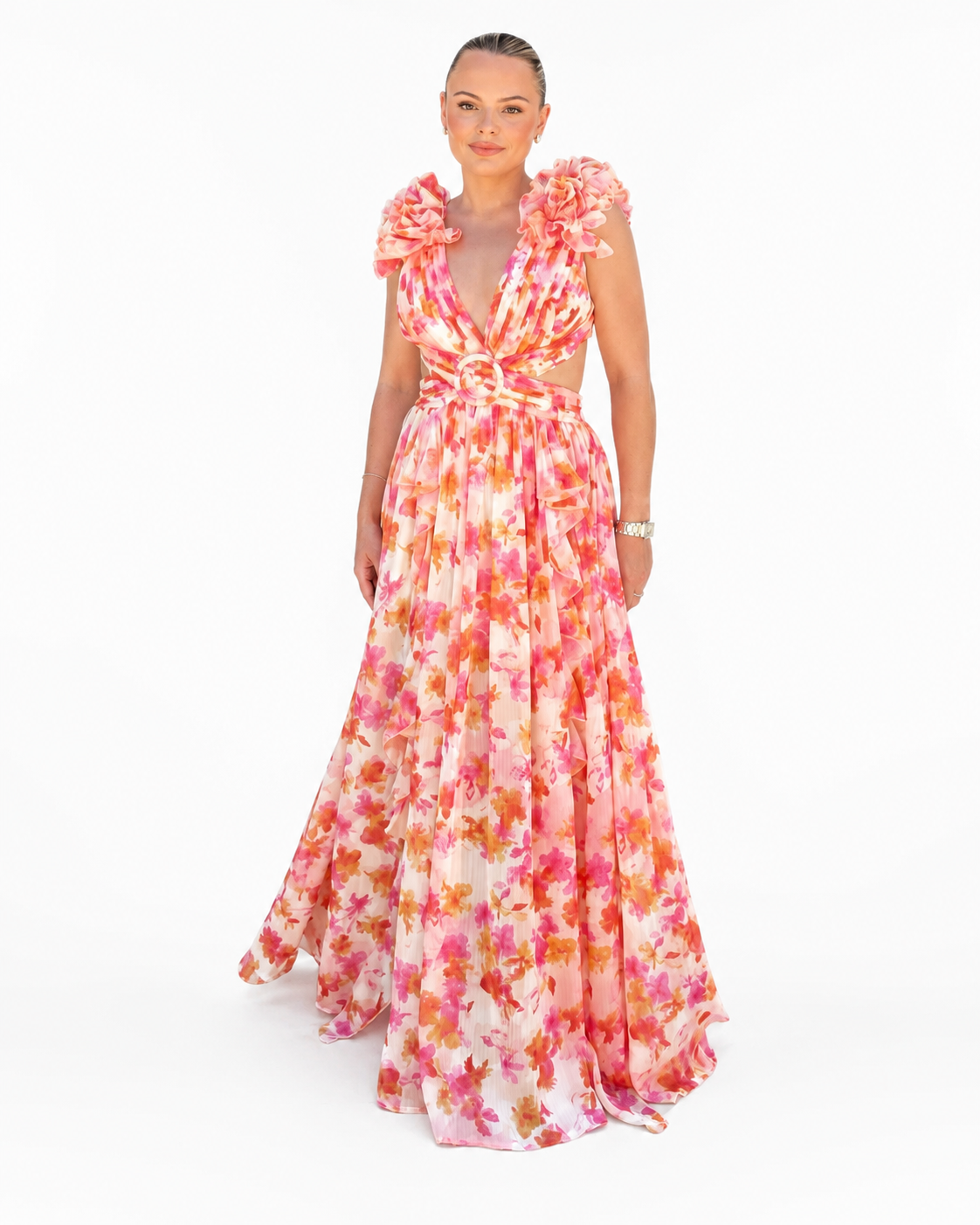 Women's Long Floral Dress – Flattering Fit with Cutout Detail
