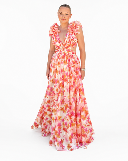 Women's Long Floral Dress – Flattering Fit with Cutout Detail