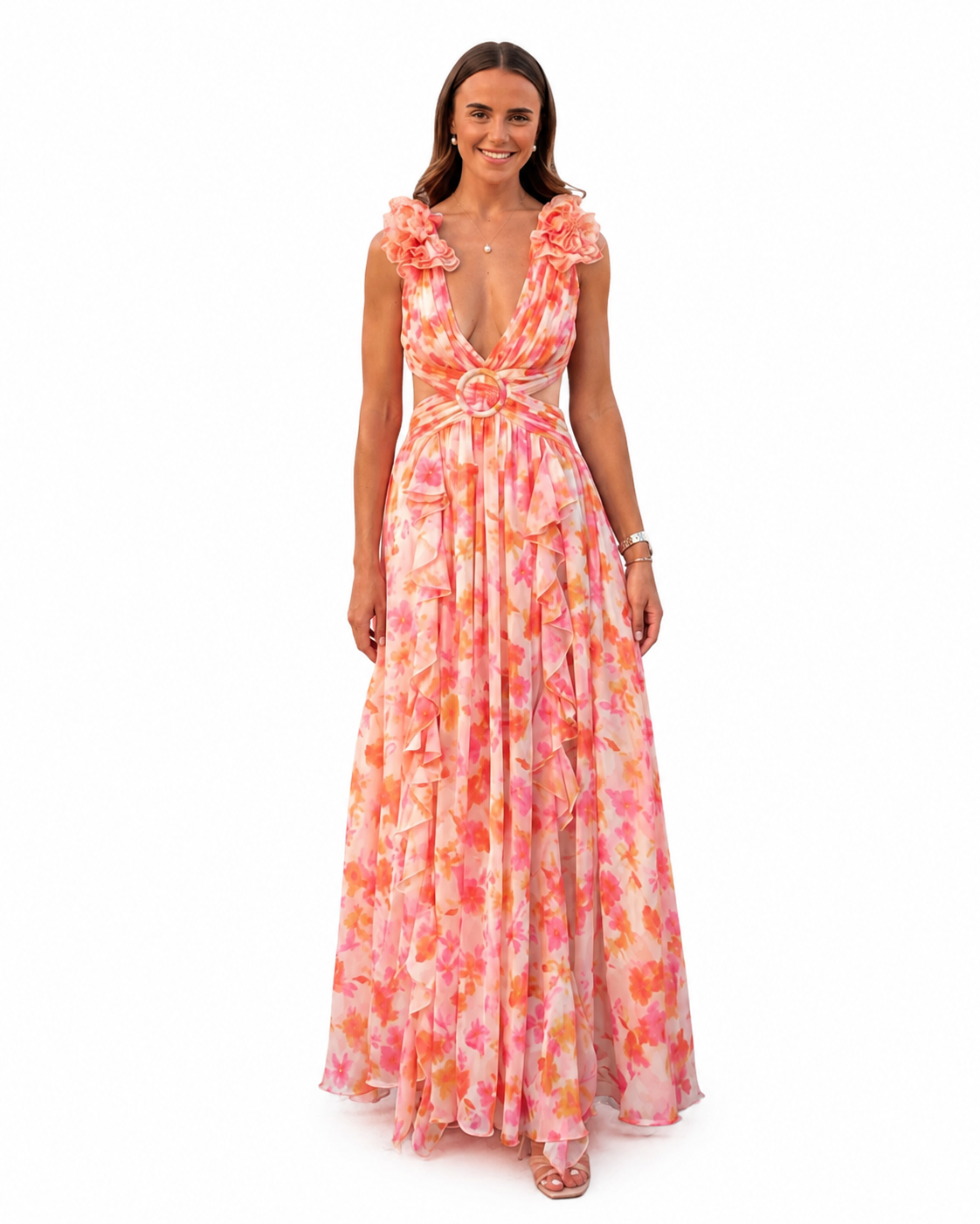 Women's Long Floral Dress – Flattering Fit with Cutout Detail