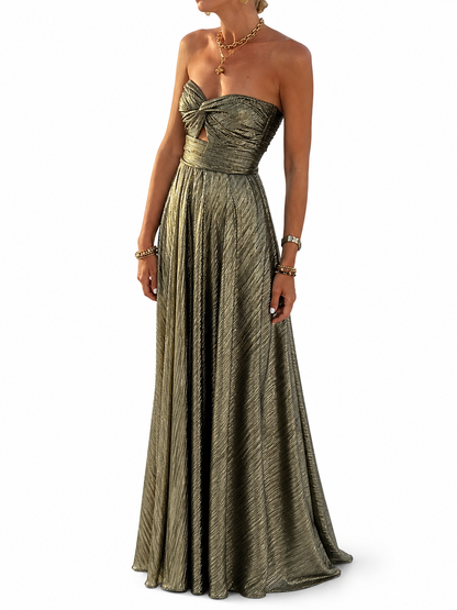 Women's Strapless Maxi Dress – Shiny Effect with Pleated Style