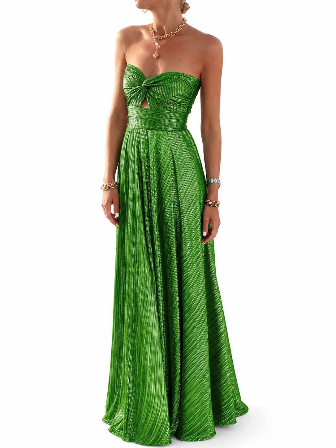 Women's Strapless Maxi Dress – Shiny Effect with Pleated Style