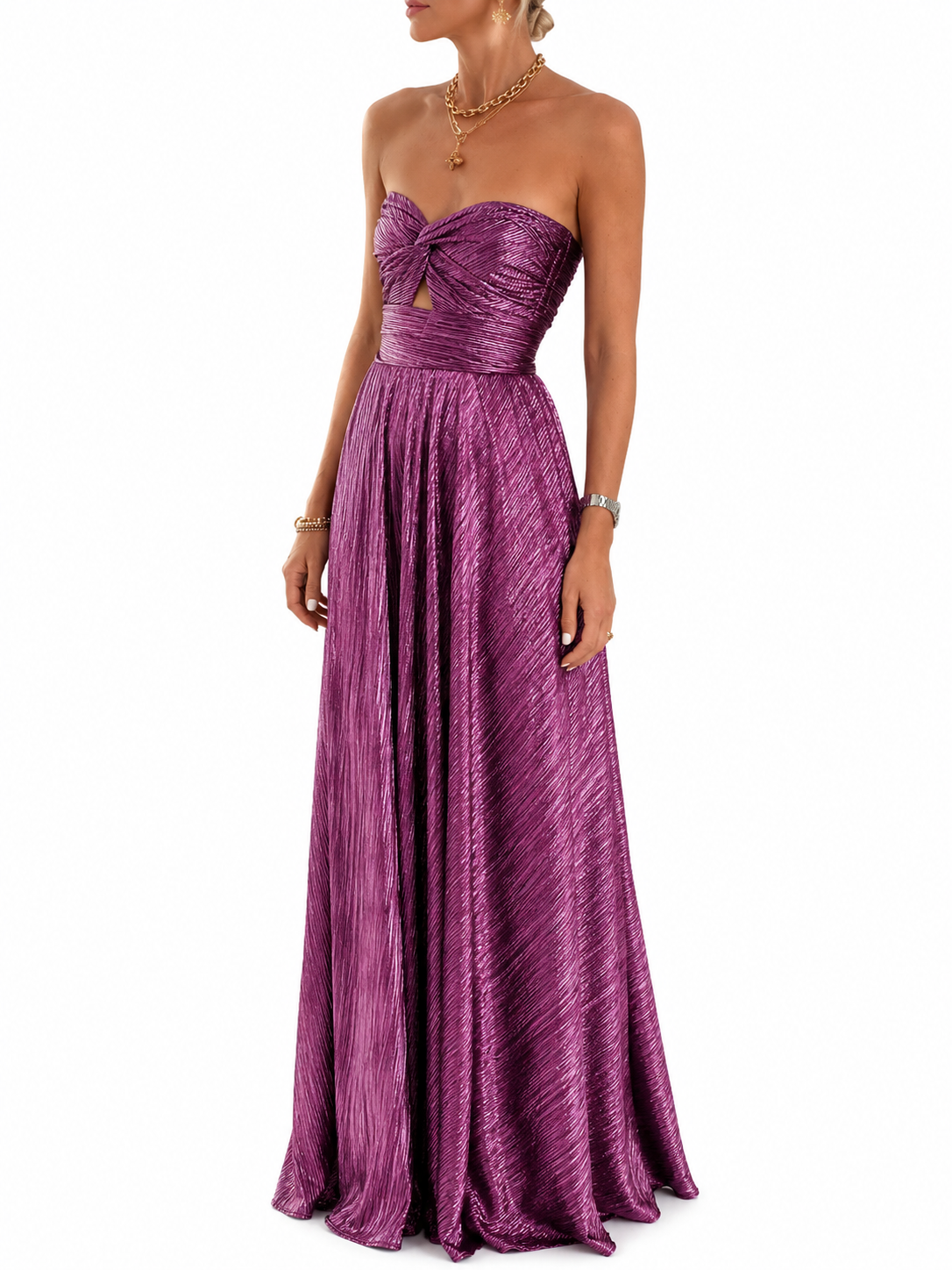 Women's Strapless Maxi Dress – Shiny Effect with Pleated Style