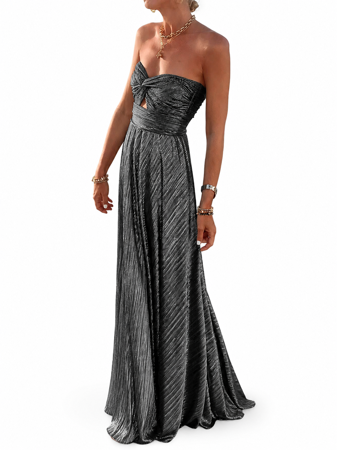 Women's Strapless Maxi Dress – Shiny Effect with Pleated Style