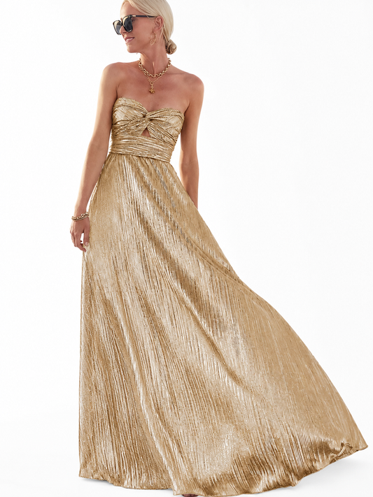 Women's Strapless Maxi Dress – Shiny Effect with Pleated Style