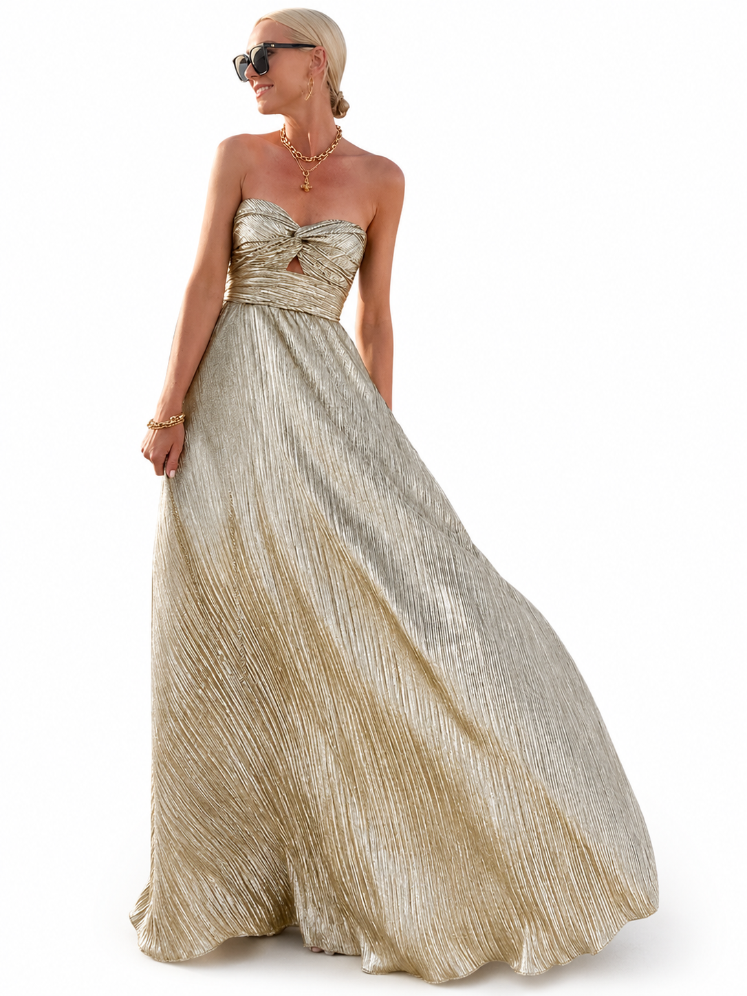 Women's Strapless Maxi Dress – Shiny Effect with Pleated Style