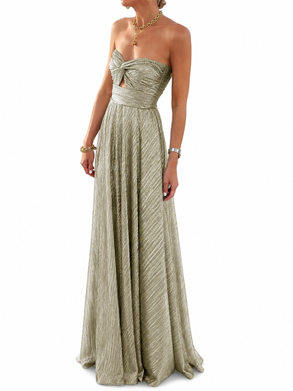 Women's Strapless Maxi Dress – Shiny Effect with Pleated Style