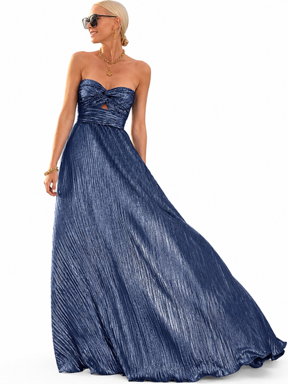 Women's Strapless Maxi Dress – Shiny Effect with Pleated Style