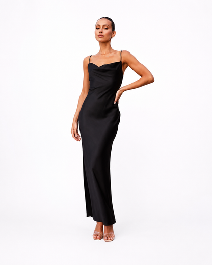 Women's Long Satin Dress – Cowl Neck with Adjustable Straps