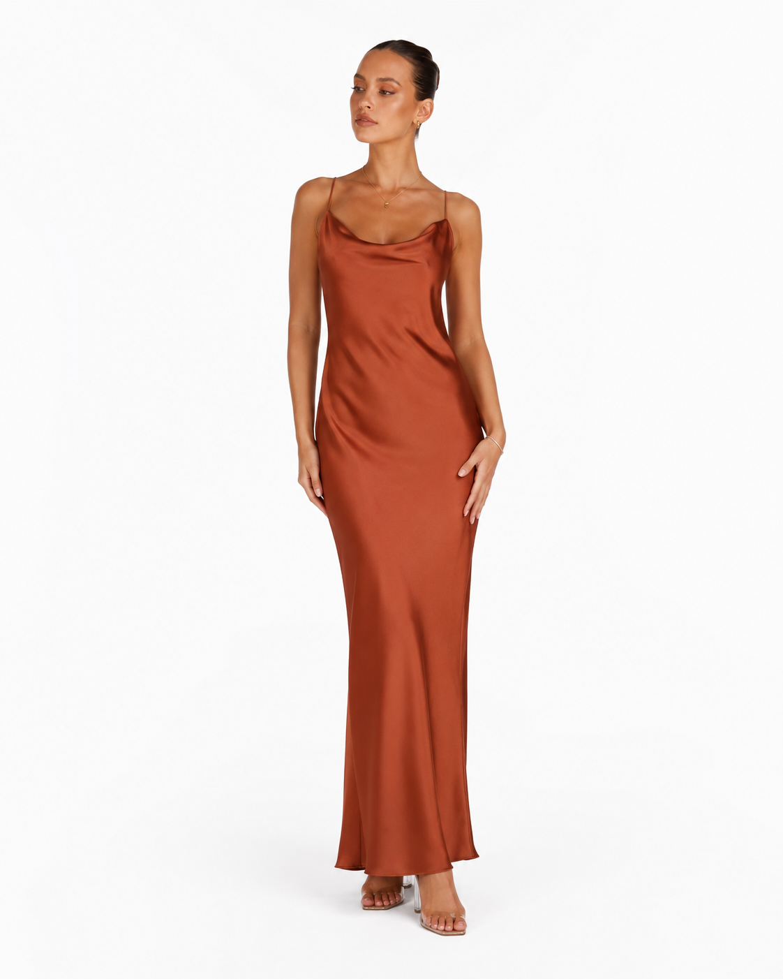 Women's Long Satin Dress – Cowl Neck with Adjustable Straps