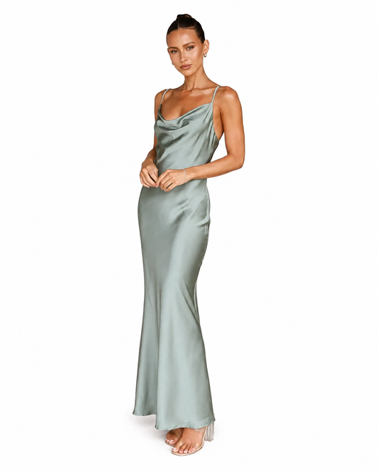Women's Long Satin Dress – Cowl Neck with Adjustable Straps