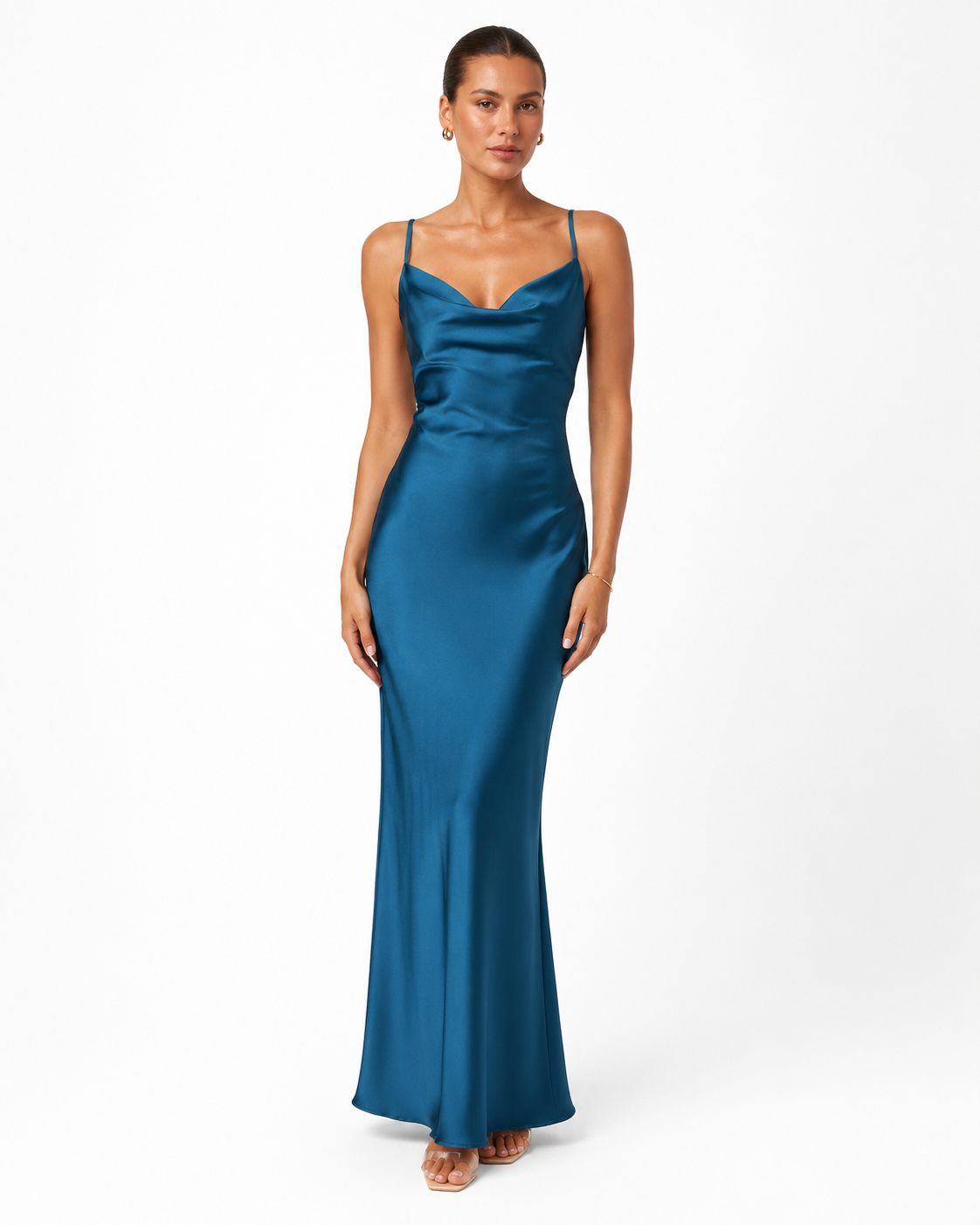 Women's Long Satin Dress – Cowl Neck with Adjustable Straps