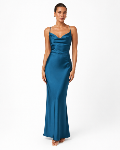 Women's Long Satin Dress – Cowl Neck with Adjustable Straps