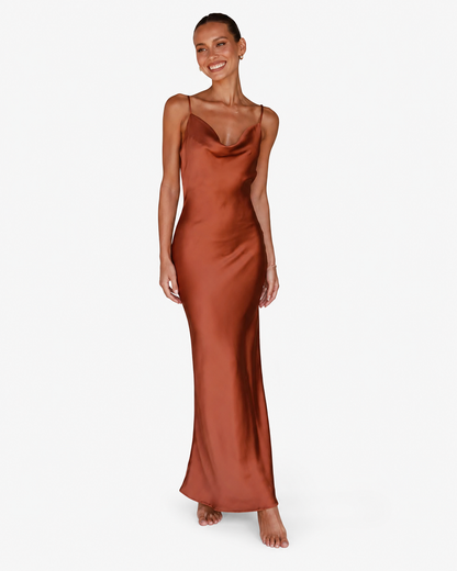 Women's Long Satin Dress – Cowl Neck with Adjustable Straps