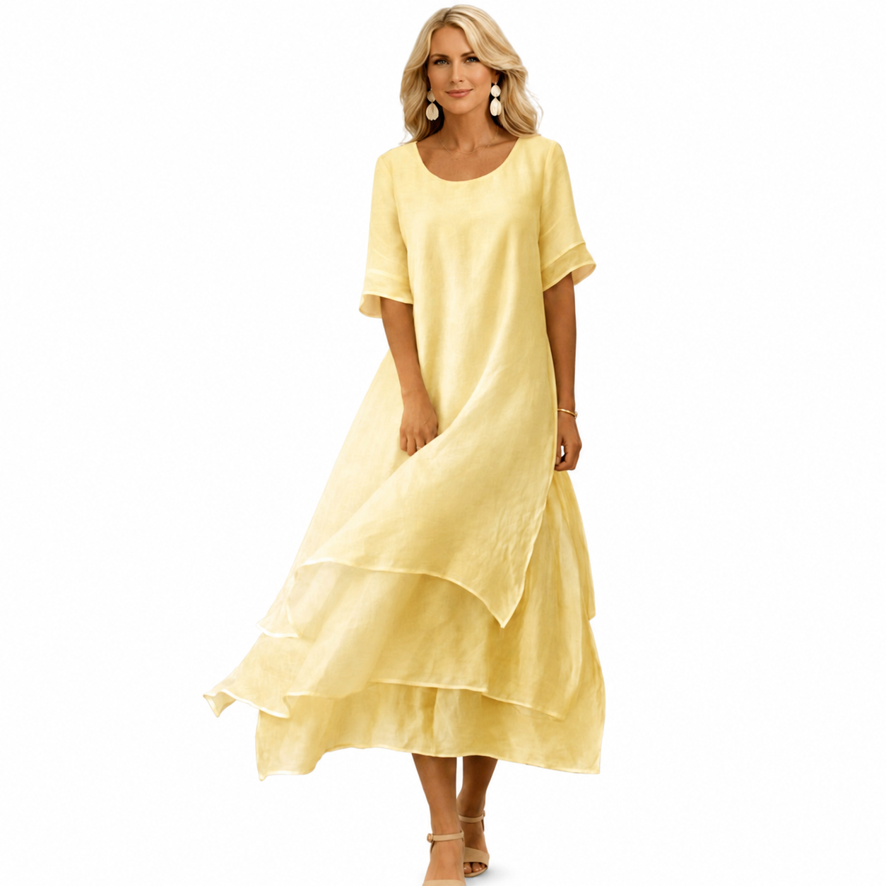 Women's Knee-Length Summer Dress – Open Neckline with Fluid Cut
