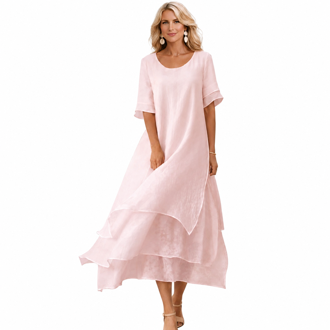 Women's Knee-Length Summer Dress – Open Neckline with Fluid Cut