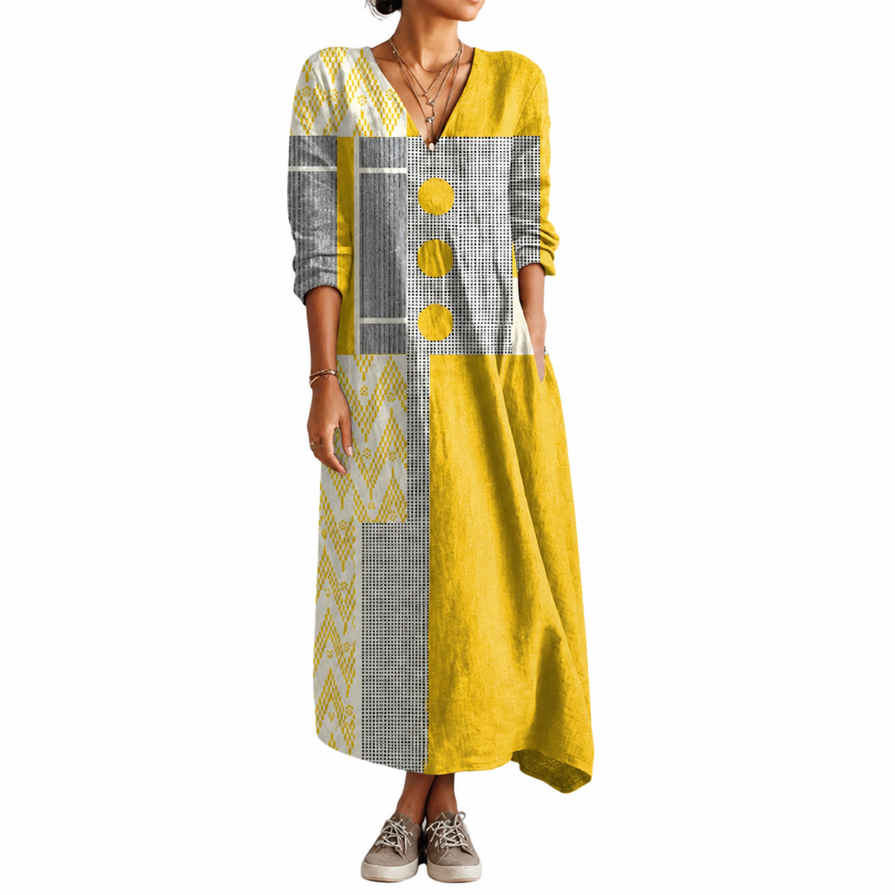Women's Lightweight Linen Summer Dress – Vintage Abstract Print, Relaxed Fit