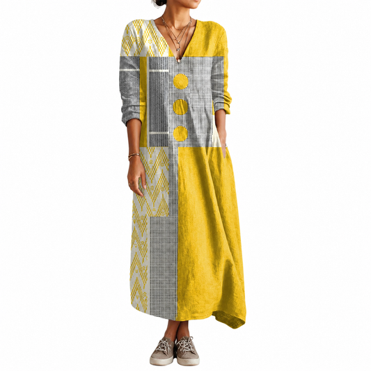 Women's Lightweight Linen Summer Dress – Vintage Abstract Print, Relaxed Fit