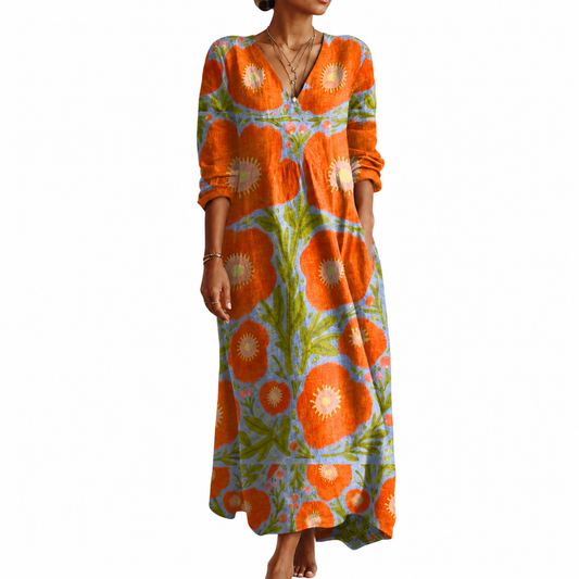 Women's Lightweight Linen Dress – Vintage Abstract Print – Relaxed Fit