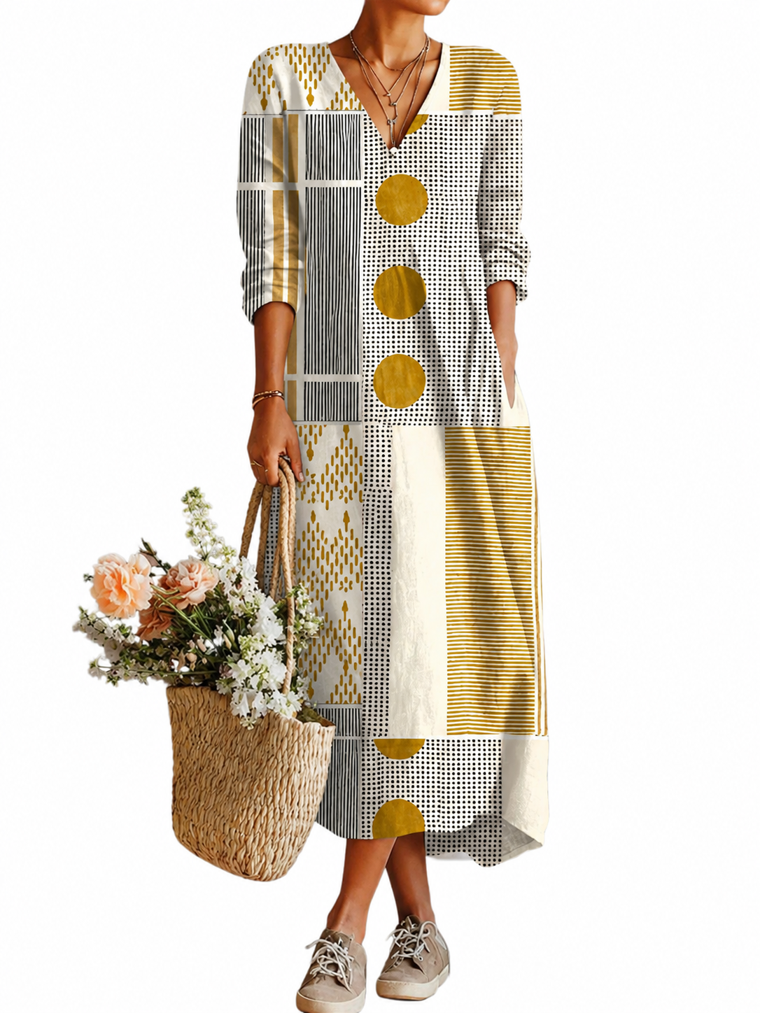 Women's Lightweight Linen Dress – Vintage Abstract Print, Relaxed Fit