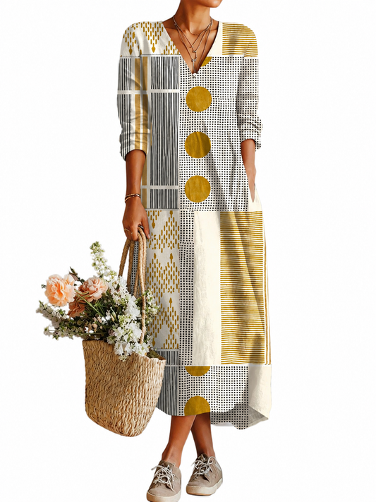 Women's Lightweight Linen Dress – Vintage Abstract Print, Relaxed Fit