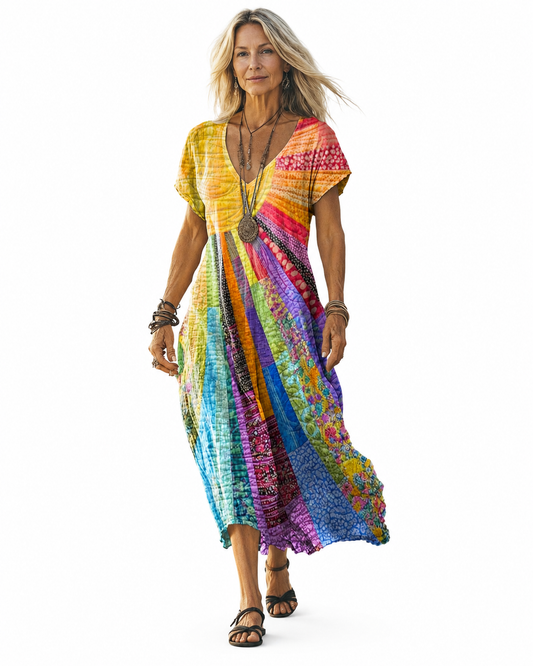 Women's Cotton-Linen Maxi Dress – Sun Design with V-Neck and Long Sleeves