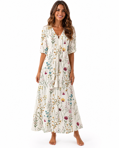 Women's Lightweight Bohemian Vintage Summer Dress – Relaxed Fit with Flattering V-Neckline
