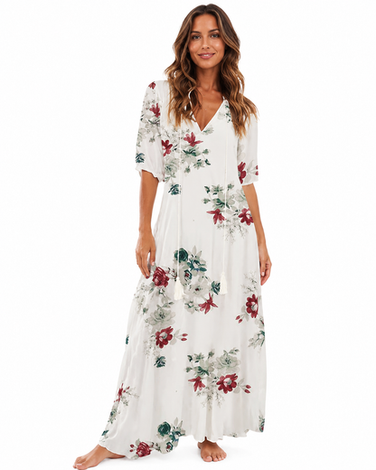 Women's Lightweight Bohemian Vintage Summer Dress – Relaxed Fit with Flattering V-Neckline