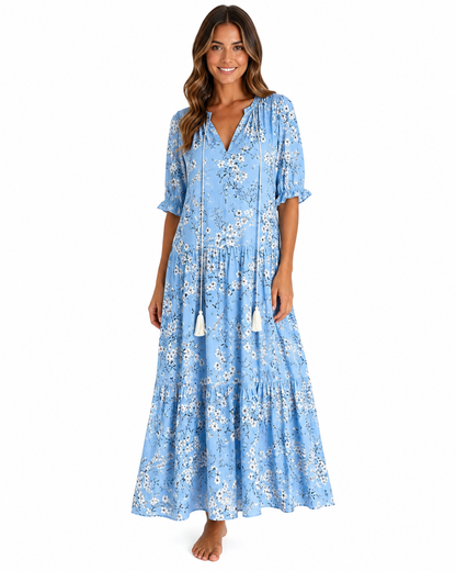 Women's Lightweight Bohemian Vintage Summer Dress – Relaxed Fit with Flattering V-Neckline