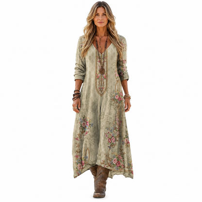 Women's Cotton Blend Vintage-Inspired Long Sleeve Summer Dress – Flattering V-Neckline, Relaxed Fit, Calf-Length
