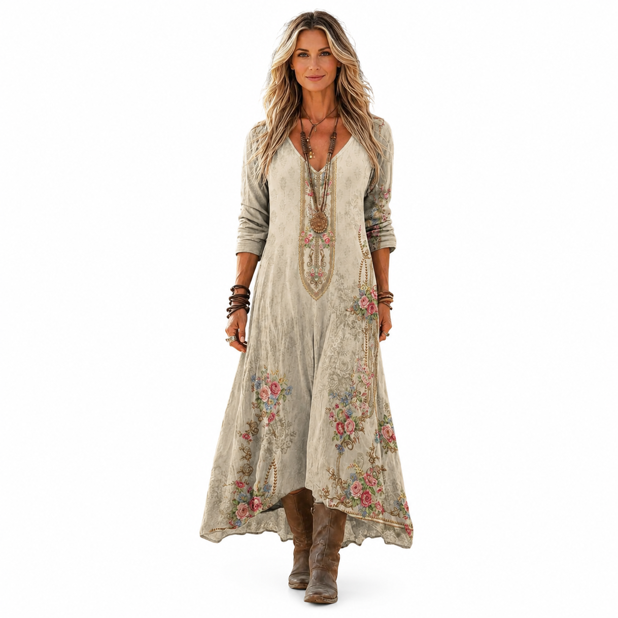 Women's Cotton Blend Vintage-Inspired Long Sleeve Summer Dress – Flattering V-Neckline, Relaxed Fit, Calf-Length