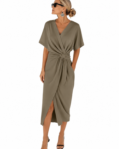 Women's Summer Wrap Dress – V-Neck with Side Slit and Elegant Draping