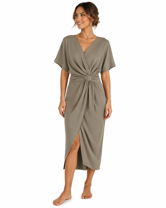 Women's Summer Wrap Dress – V-Neck with Side Slit and Elegant Draping