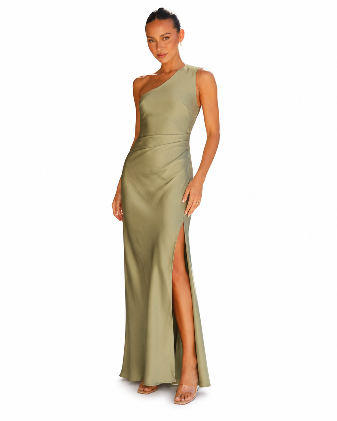 Women's Satin Evening Dress – One-Shoulder with Asymmetrical Slit – Floor-Length