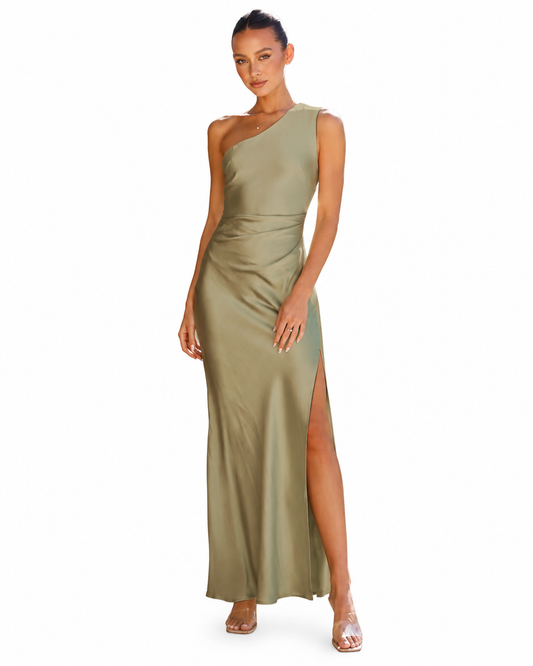 Women's Satin Evening Dress – One-Shoulder with Asymmetrical Slit – Floor-Length