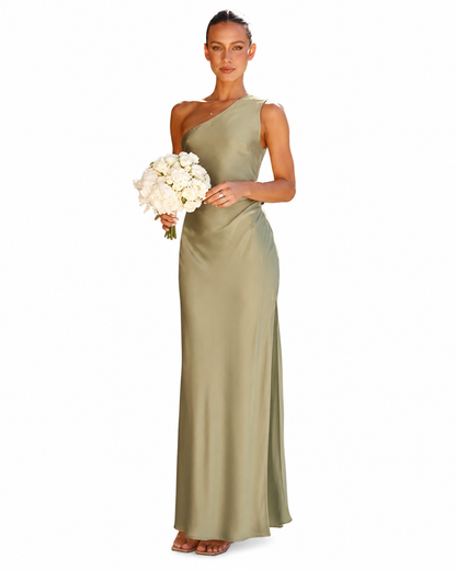 Women's Satin Evening Dress – One-Shoulder with Asymmetrical Slit – Floor-Length