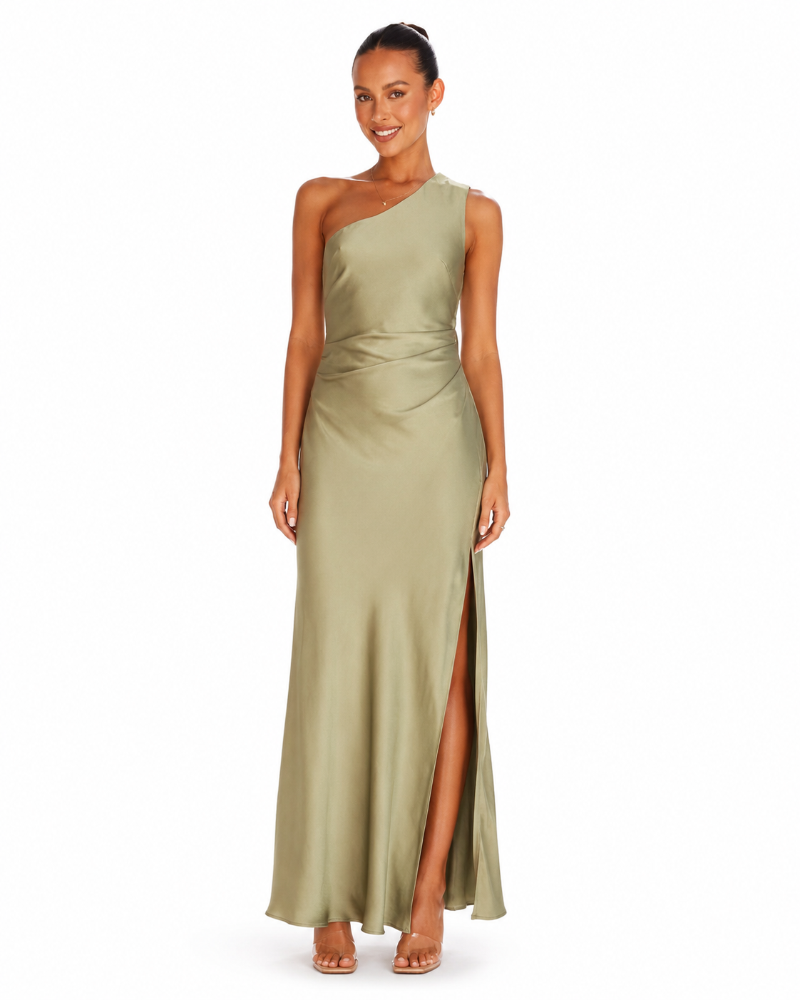 Women's Satin Evening Dress – One-Shoulder with Asymmetrical Slit – Floor-Length