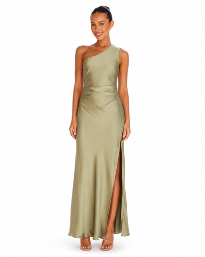 Women's Satin Evening Dress – One-Shoulder with Asymmetrical Slit – Floor-Length