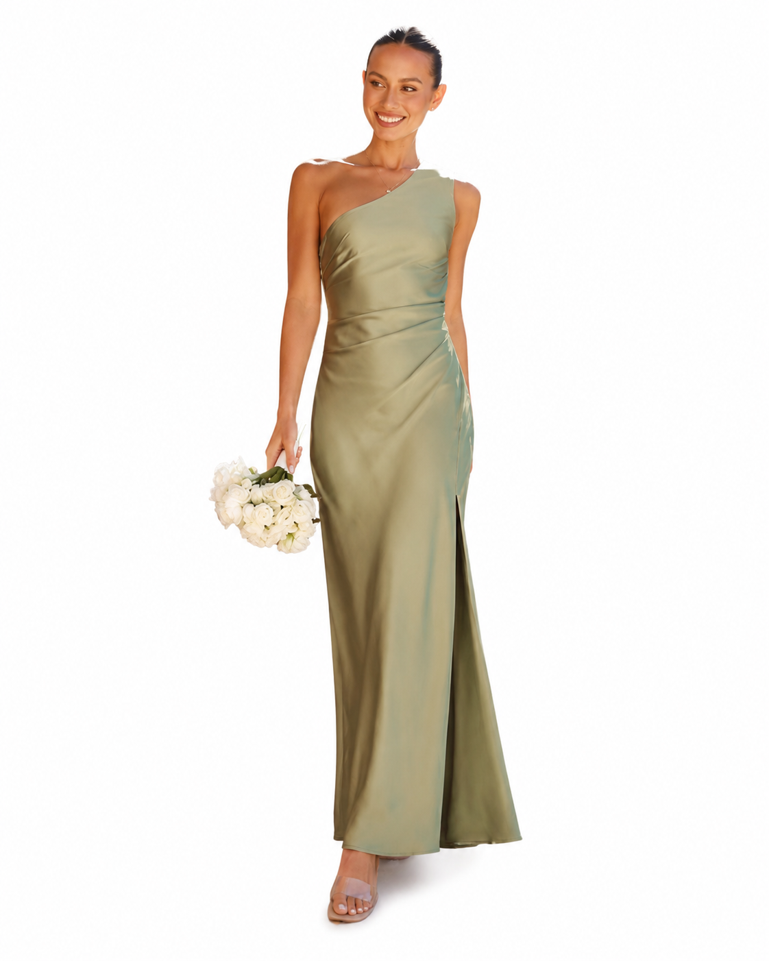 Women's Satin Evening Dress – One-Shoulder with Asymmetrical Slit – Floor-Length