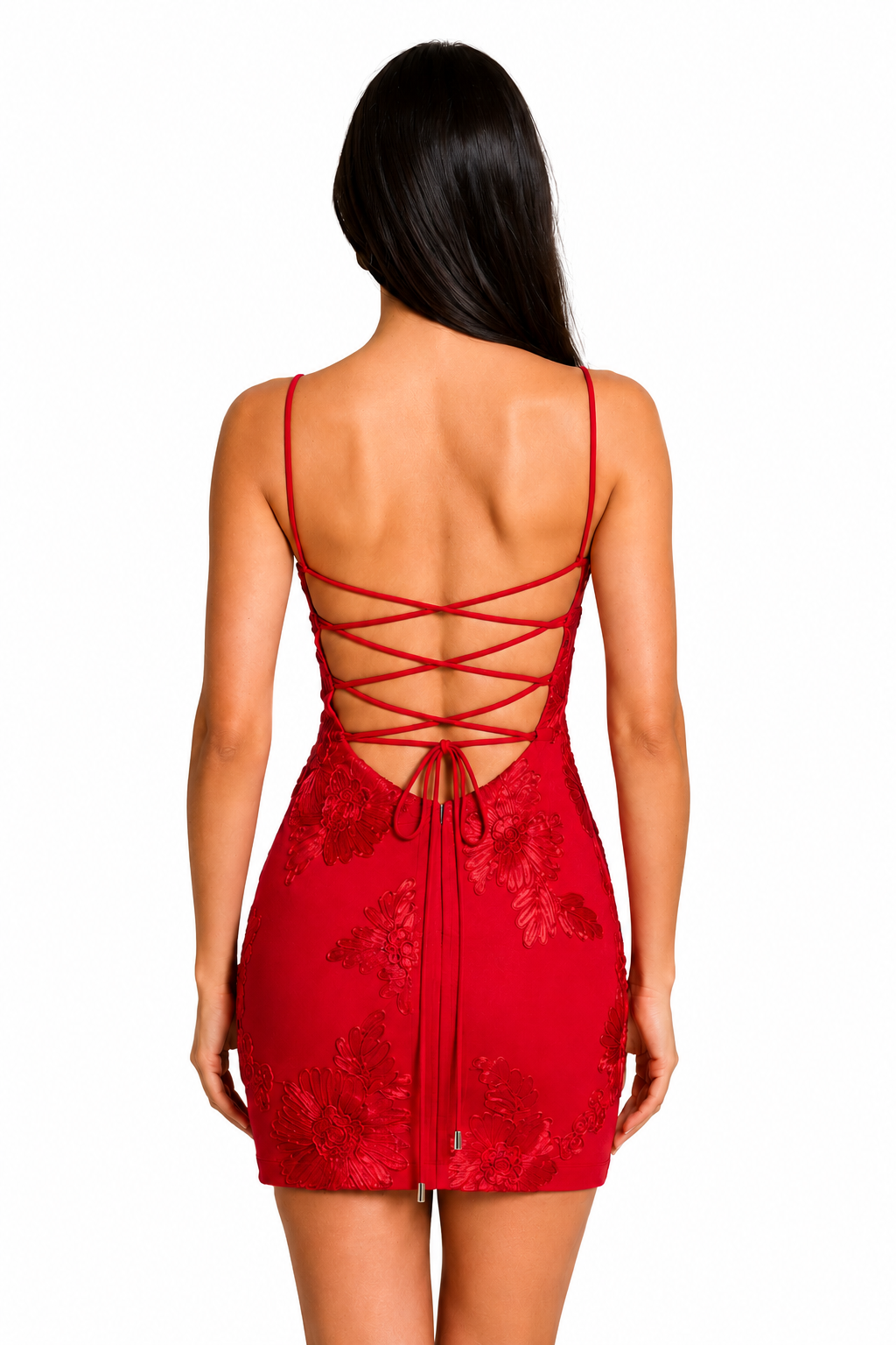 Women's Floral Appliqué Mini Dress – Corset Bodice with Lace-Up Back