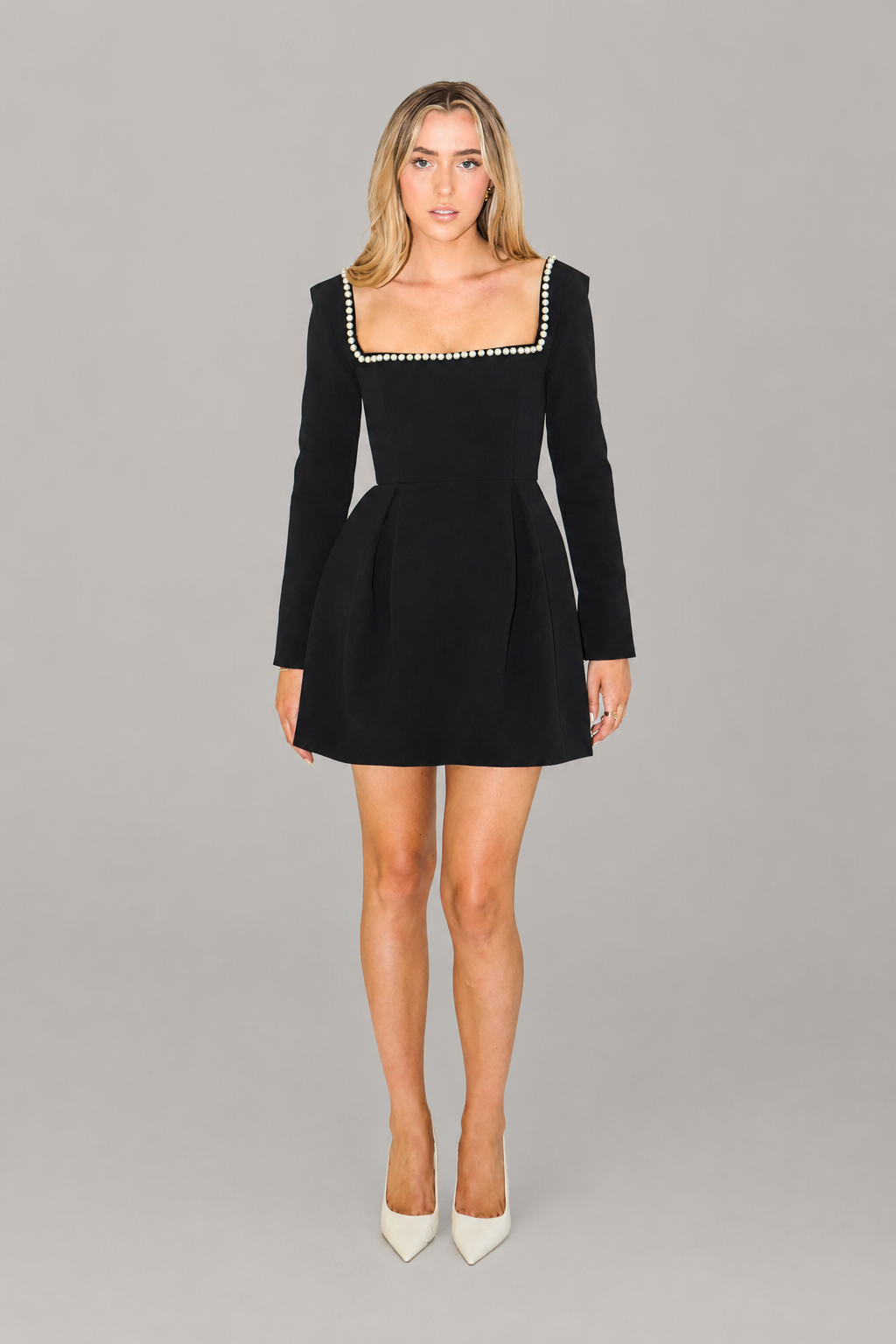 Women's Mini Dress – Pearl Trim with Long Sleeves – Fitted Bodice, Flared Skirt