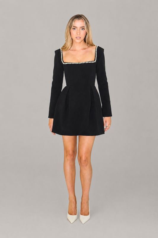 Women's Mini Dress – Pearl Trim with Long Sleeves – Fitted Bodice, Flared Skirt