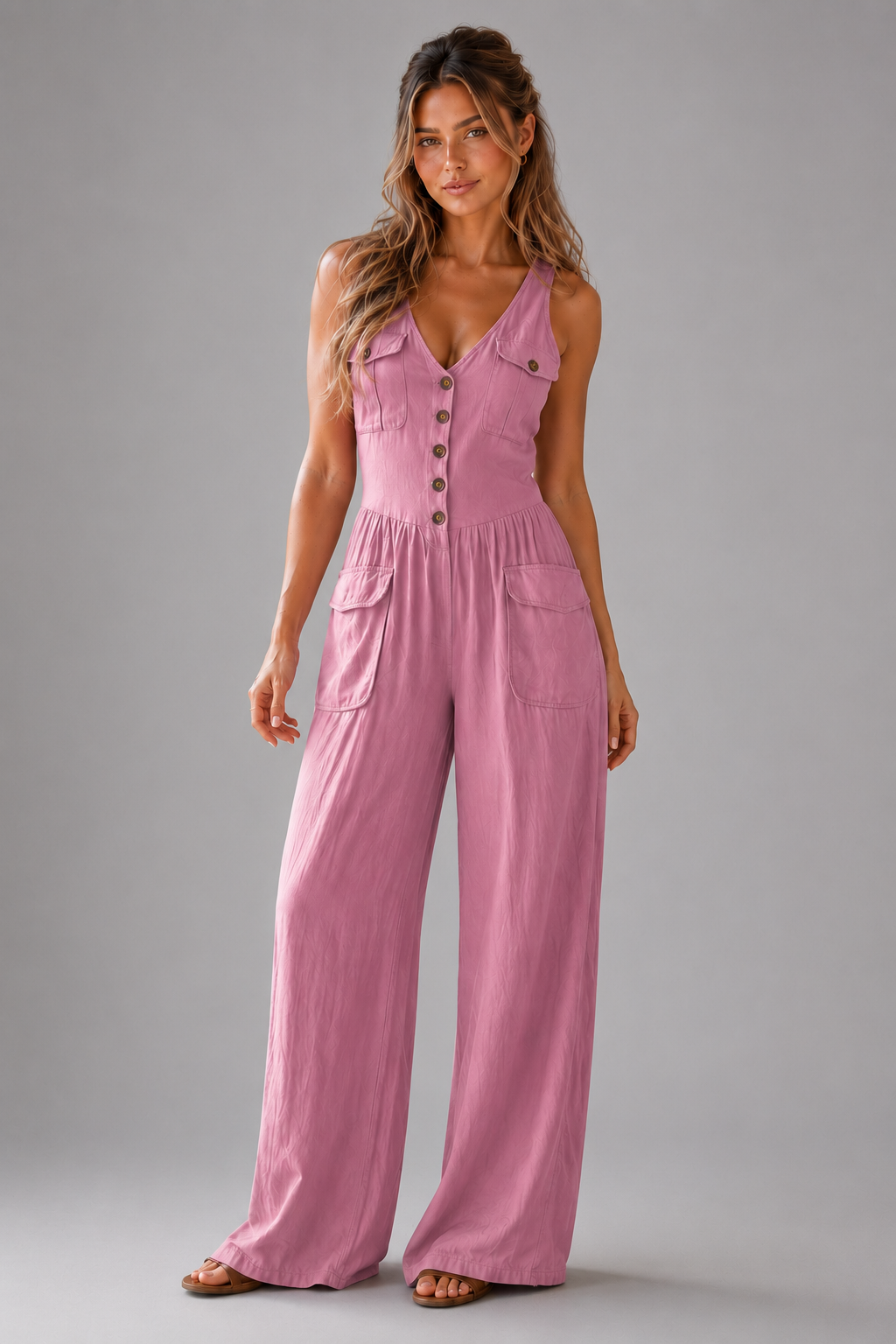 Women's Lightweight Sleeveless Wide Leg Jumpsuit – Relaxed Fit with Patch Pockets