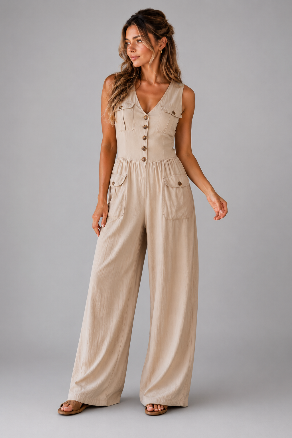 Women's Lightweight Sleeveless Wide Leg Jumpsuit – Relaxed Fit with Patch Pockets