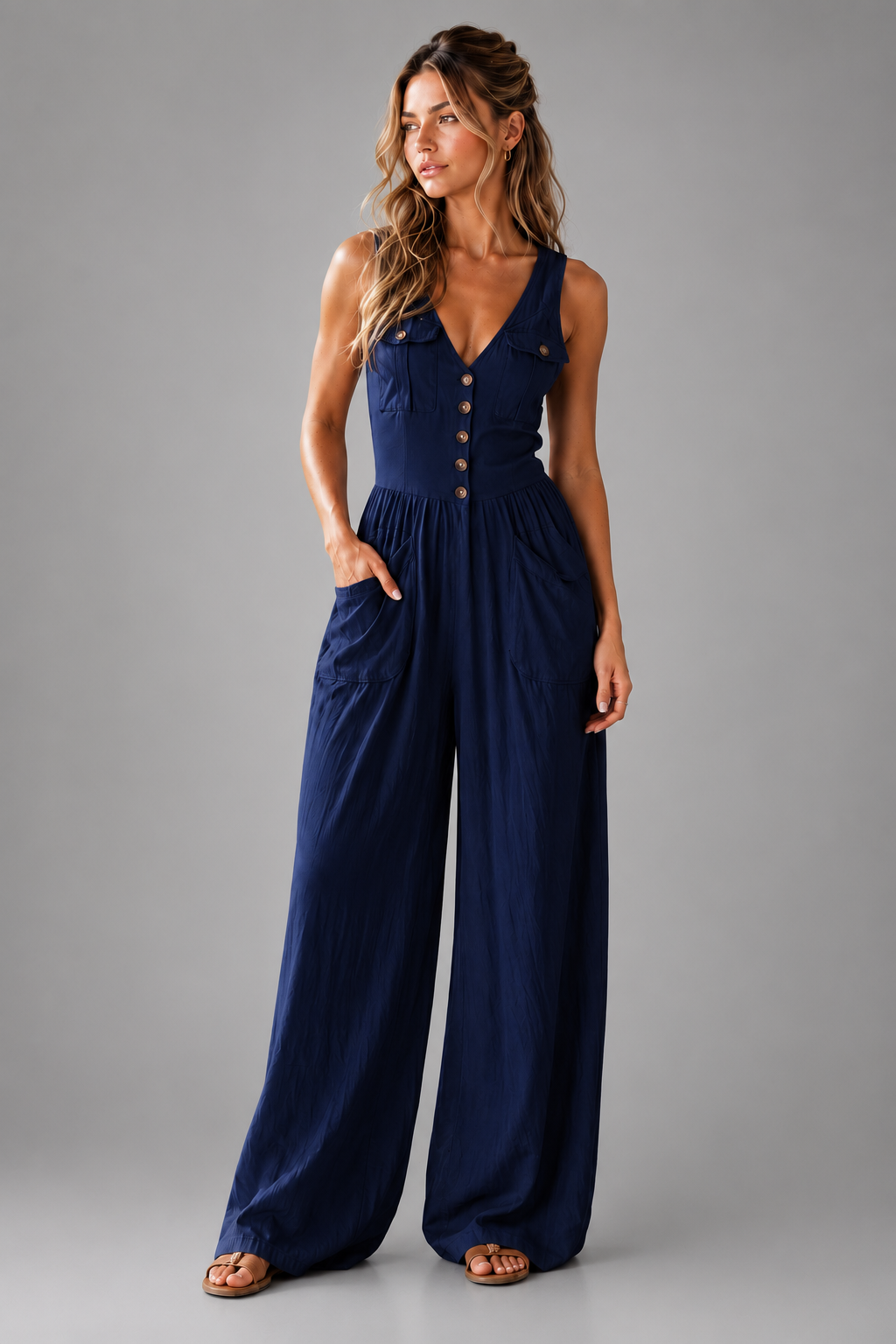 Women's Lightweight Sleeveless Wide Leg Jumpsuit – Relaxed Fit with Patch Pockets