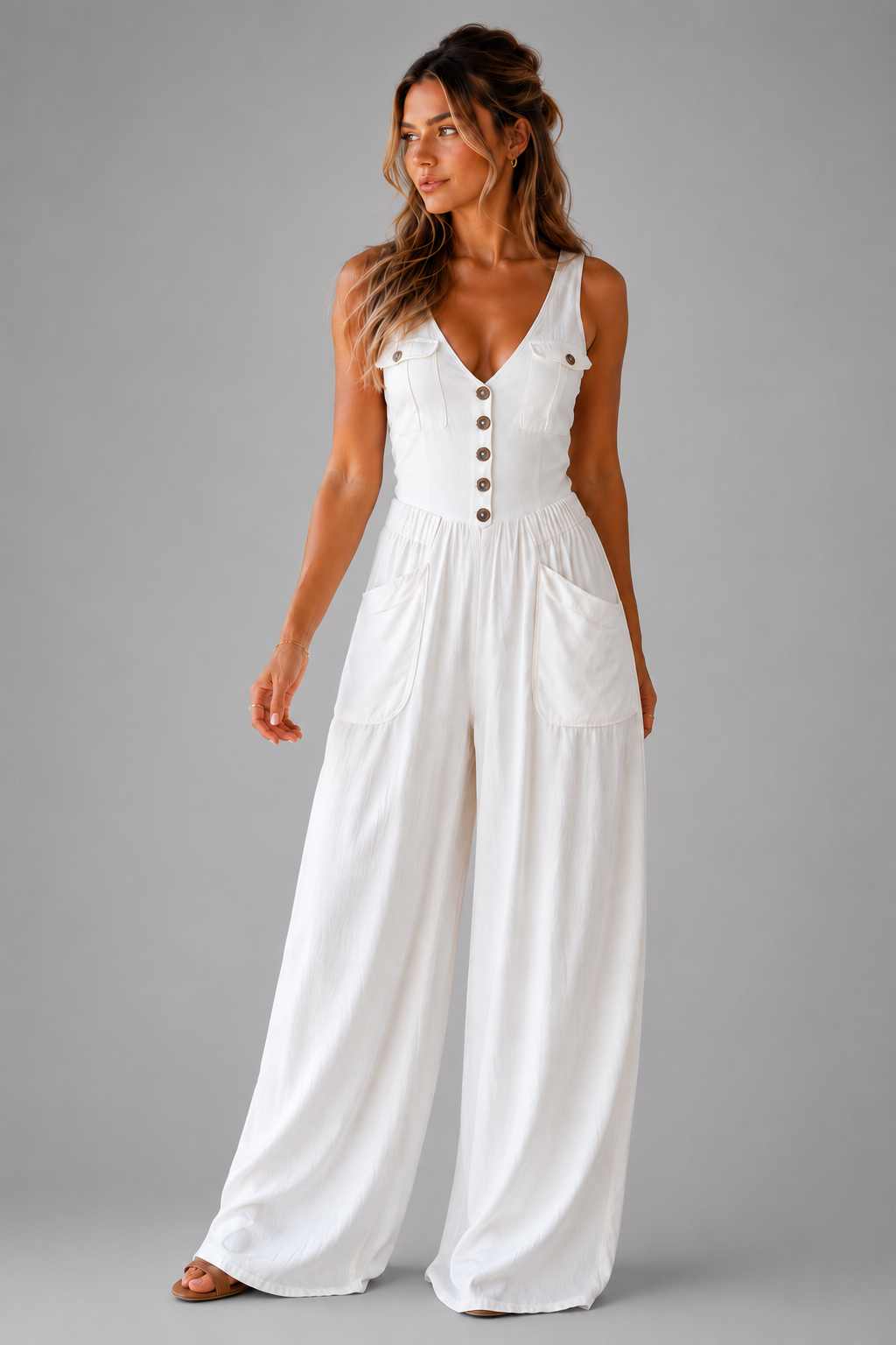 Women's Lightweight Sleeveless Wide Leg Jumpsuit – Relaxed Fit with Patch Pockets