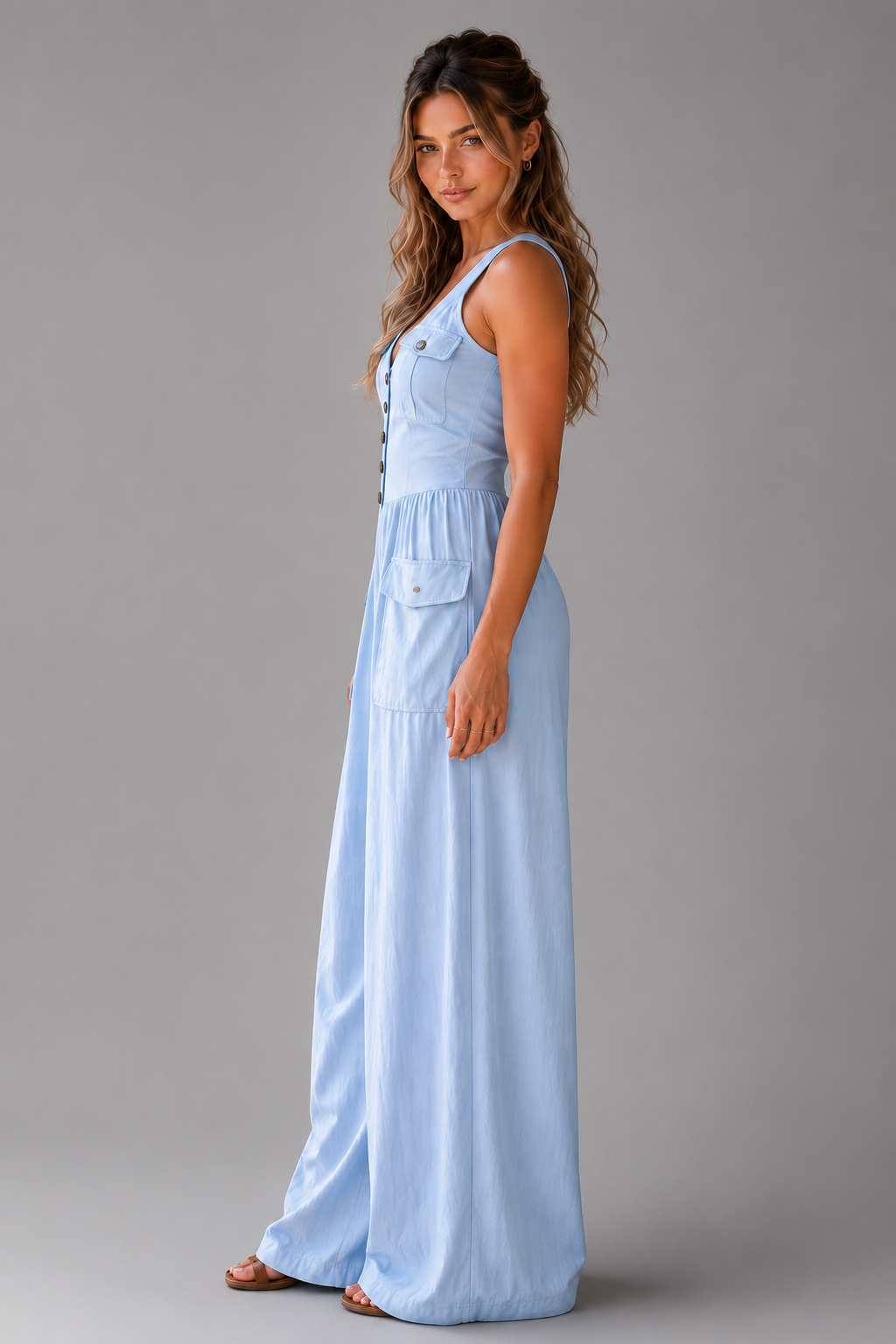 Women's Lightweight Sleeveless Wide Leg Jumpsuit – Relaxed Fit with Patch Pockets