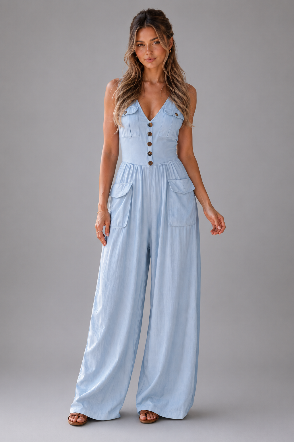 Women's Lightweight Sleeveless Wide Leg Jumpsuit – Relaxed Fit with Patch Pockets